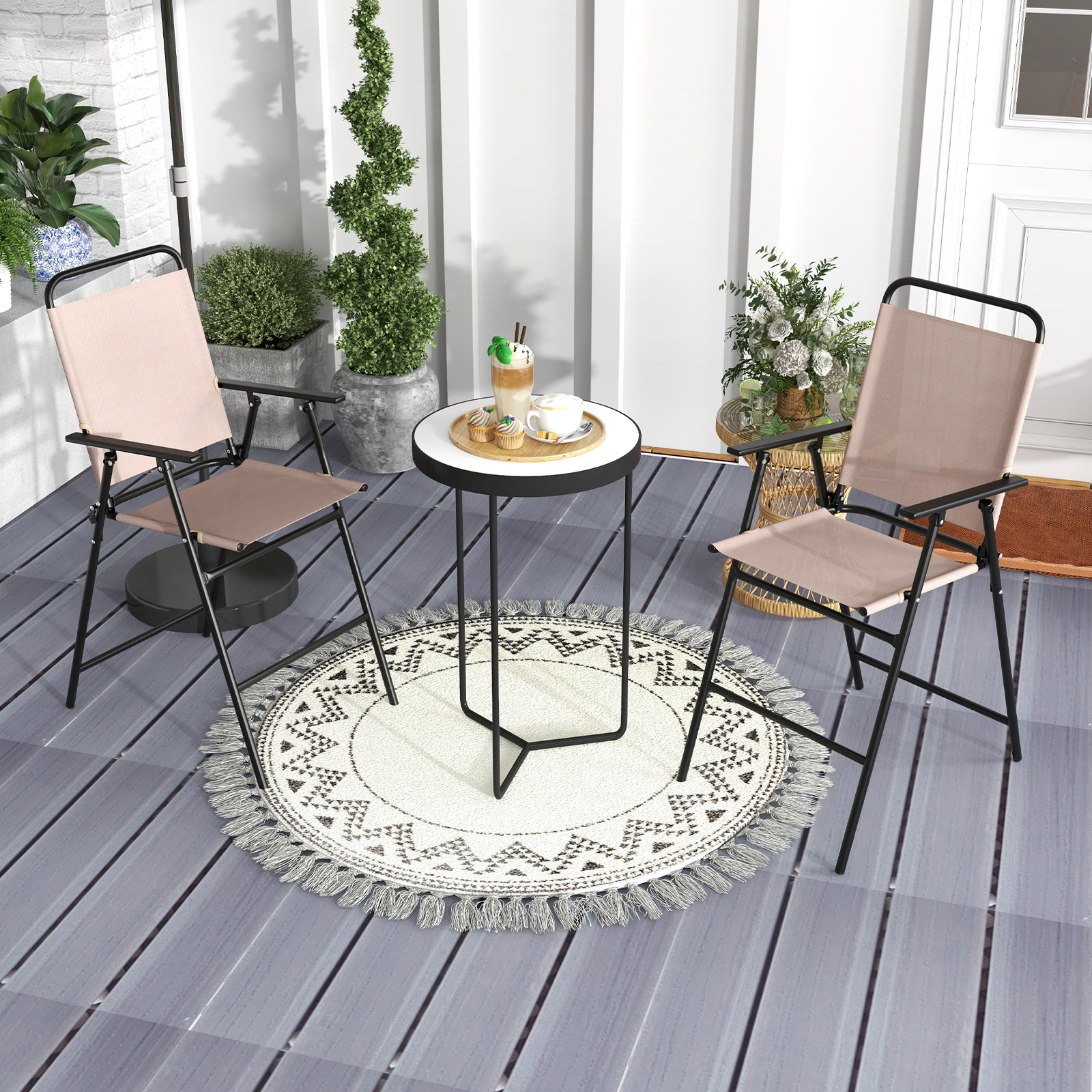 Outdoor Folding Bar Chair Set of 2 with Backrest Armrests Footrest-Beige